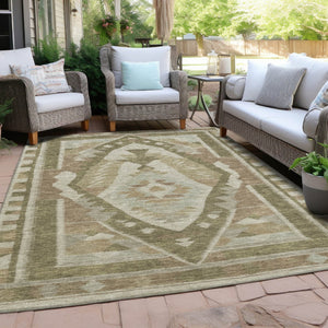 HomeRoots 5' Stylish Tribal Washable Area Rug - Neutral Linen, Ivory & Brown for Indoor/Outdoor Spaces 625793