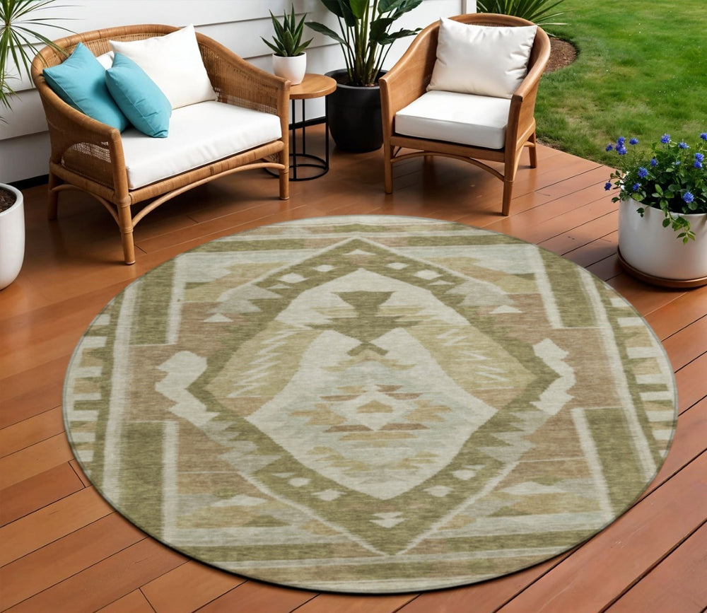 HomeRoots 8' Round Tribal Washable Area Rug in Linen, Ivory & Brown – Stylish & Durable for Indoor/Outdoor Use 625794
