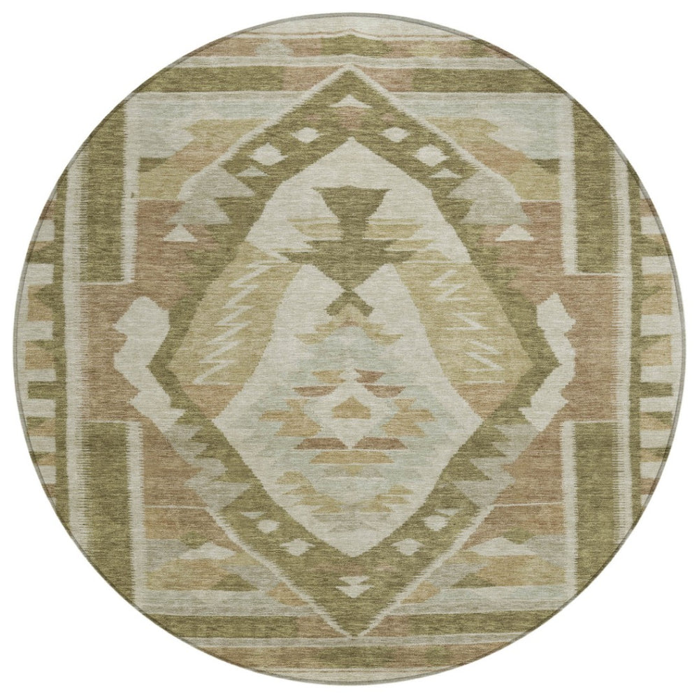 HomeRoots 8' Round Tribal Washable Area Rug in Linen, Ivory & Brown – Stylish & Durable for Indoor/Outdoor Use 625794