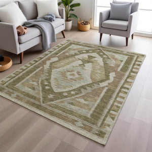 HomeRoots 8' X 10' Durable Linen Ivory and Brown Tribal Washable Area Rug for Indoor & Outdoor Use 625795
