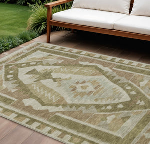 HomeRoots 10' X 14' Linen Ivory and Brown Tribal Area Rug – Durable, Washable, Stylish for Indoor & Outdoor Use 625797