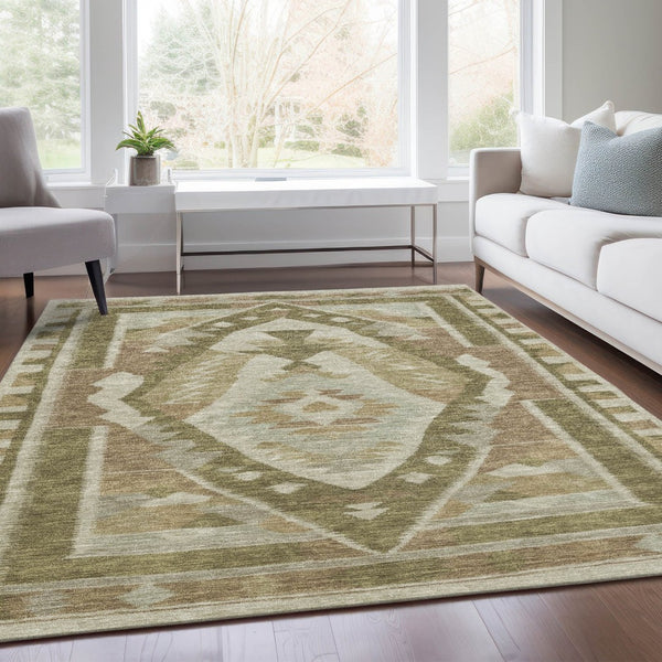 HomeRoots 10' X 14' Linen Ivory and Brown Tribal Area Rug – Durable, Washable, Stylish for Indoor & Outdoor Use 625797