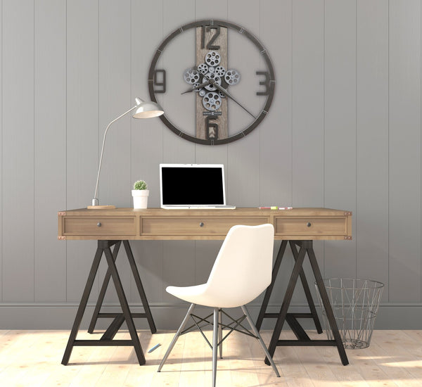 Hekman Furniture 625798 Oversized Mikkel Wall Clock With Moving Gears, Charcoal & Seaside Gray Design, Quartz Movement  Mikkel Wall Clock 625798