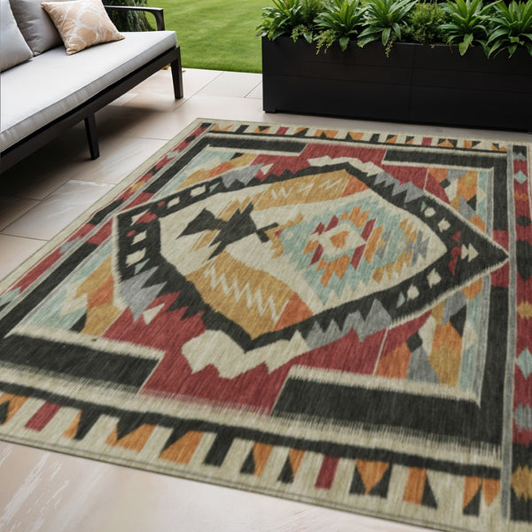 HomeRoots 5' X 8' Vibrant Red, Gold & Gray Tribal Washable Area Rug for Indoor/Outdoor Versatile Style 625799