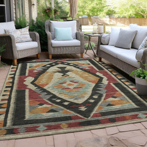 HomeRoots 5' X 8' Vibrant Red, Gold & Gray Tribal Washable Area Rug for Indoor/Outdoor Versatile Style 625799