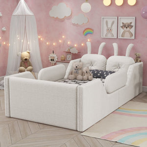 English Elm Twin Kids Platform Bed Teddy Fabric Upholstered with Bunny Cushions and Safety Rails White W2593P395806