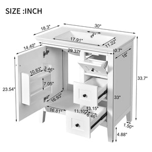 English Elm 30 Inch Bathroom Vanity with Ceramic Sink and 3 Smooth-Glide Drawers, Modern Moisture-Resistant Storage White N710P252105K