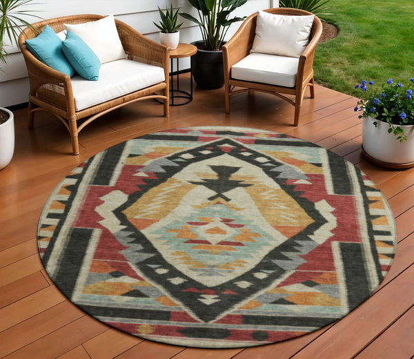 HomeRoots 8' Tribal Round Area Rug in Red, Gold & Gray – Washable, Non-Slip, Durable for Indoor/Outdoor Use 625800