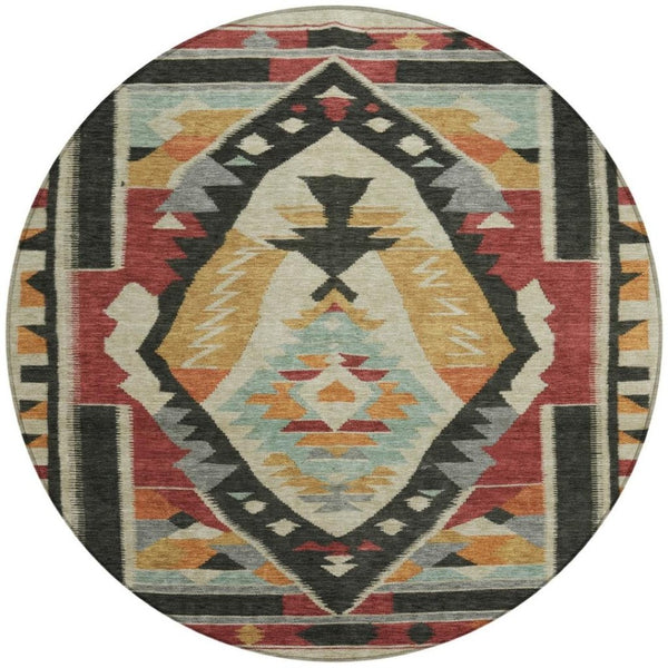 HomeRoots 8' Tribal Round Area Rug in Red, Gold & Gray – Washable, Non-Slip, Durable for Indoor/Outdoor Use 625800