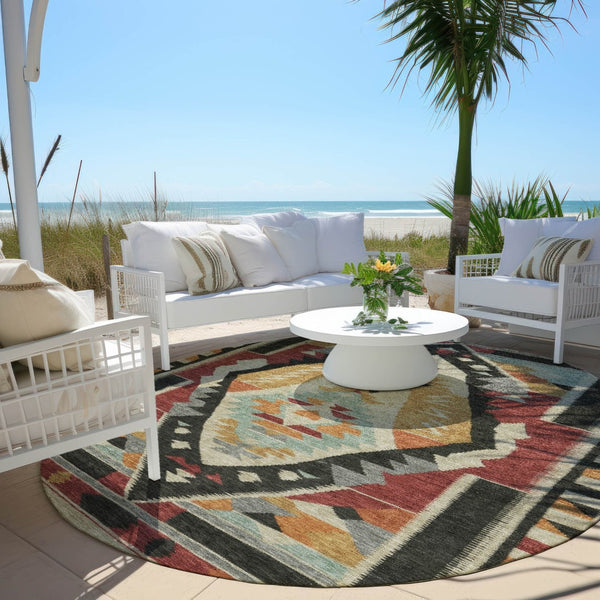 HomeRoots 8' Tribal Round Area Rug in Red, Gold & Gray – Washable, Non-Slip, Durable for Indoor/Outdoor Use 625800