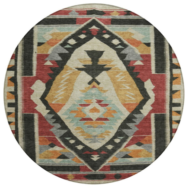 HomeRoots 8' Tribal Round Area Rug in Red, Gold & Gray – Washable, Non-Slip, Durable for Indoor/Outdoor Use 625800