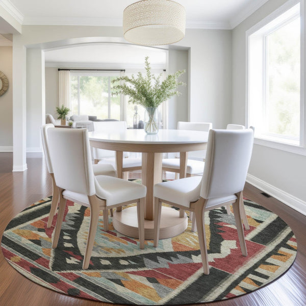 HomeRoots 8' Tribal Round Area Rug in Red, Gold & Gray – Washable, Non-Slip, Durable for Indoor/Outdoor Use 625800