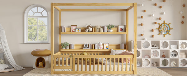 English Elm Full House Floor Bed with Door and Guardrails for Kids, Solid Wood Double Full, Safe Play Nook Natural W1580P359334