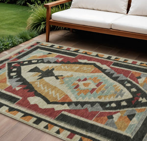 HomeRoots 8' X 10' Bold Red Gold Gray Tribal Washable Area Rug for Indoor/Outdoor Spaces - Stylish & Durable! 625801