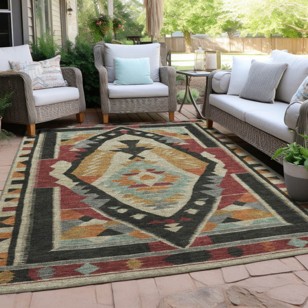 HomeRoots 8' X 10' Bold Red Gold Gray Tribal Washable Area Rug for Indoor/Outdoor Spaces - Stylish & Durable! 625801