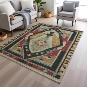HomeRoots 8' X 10' Bold Red Gold Gray Tribal Washable Area Rug for Indoor/Outdoor Spaces - Stylish & Durable! 625801