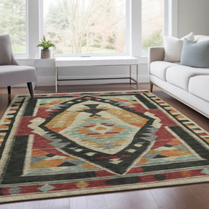 HomeRoots 9' Vibrant Red, Gold, and Gray Tribal Indoor/Outdoor Area Rug – Durable, Washable, and Stylish Design 625802