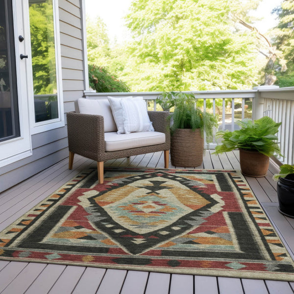 HomeRoots 9' Vibrant Red, Gold, and Gray Tribal Indoor/Outdoor Area Rug – Durable, Washable, and Stylish Design 625802