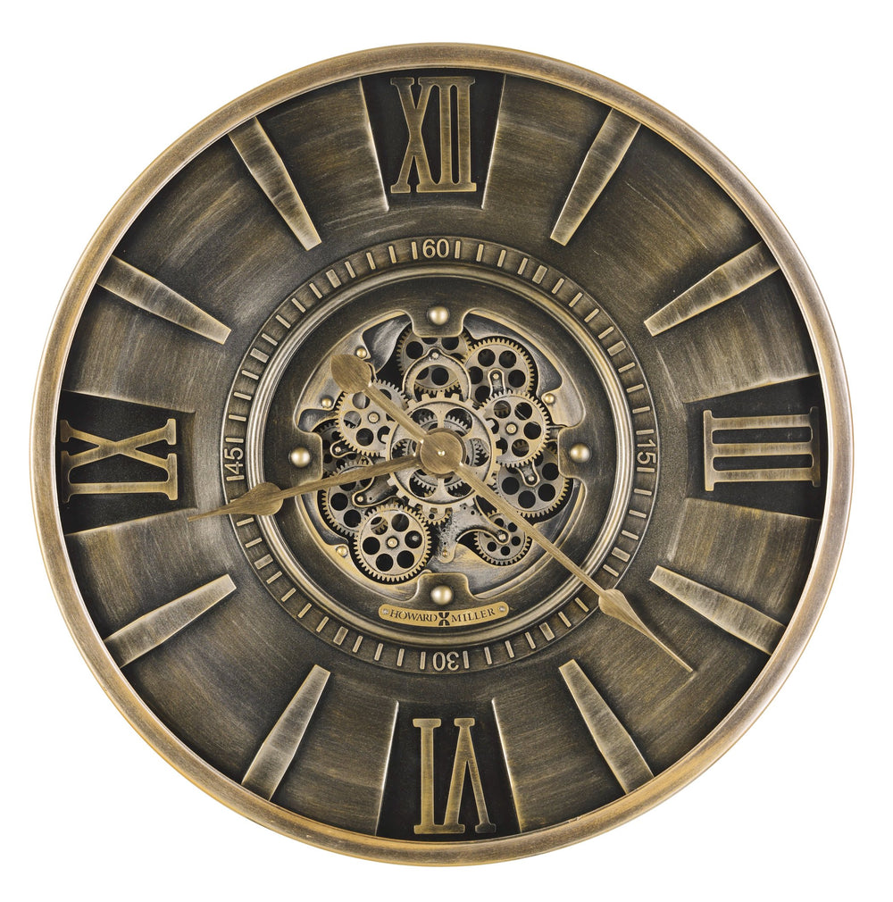 Hekman Furniture 625826 Antique Charcoal Metal Wall Clock With Gold Accents, Roman Numerals, And Moving Gears  Lucian Wall Clock 625826