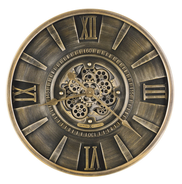 Hekman Furniture 625826 Antique Charcoal Metal Wall Clock With Gold Accents, Roman Numerals, And Moving Gears  Lucian Wall Clock 625826