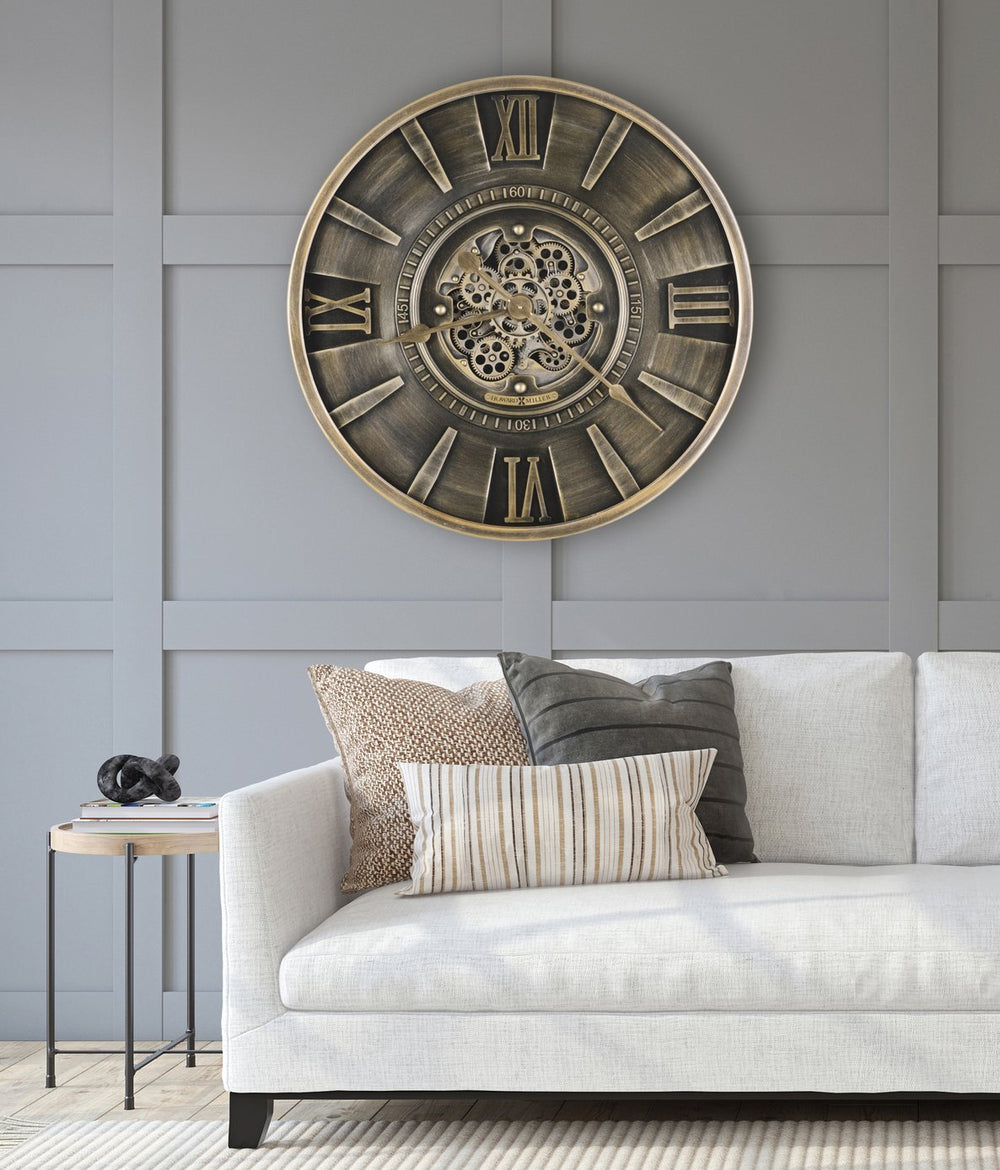 Hekman Furniture 625826 Antique Charcoal Metal Wall Clock With Gold Accents, Roman Numerals, And Moving Gears  Lucian Wall Clock 625826