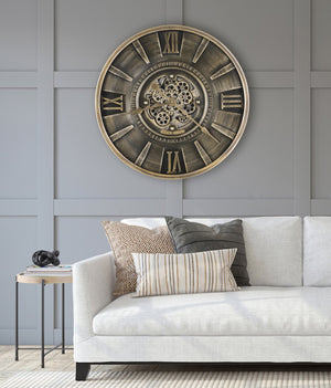 Hekman Furniture 625826 Antique Charcoal Metal Wall Clock With Gold Accents, Roman Numerals, And Moving Gears  Lucian Wall Clock 625826
