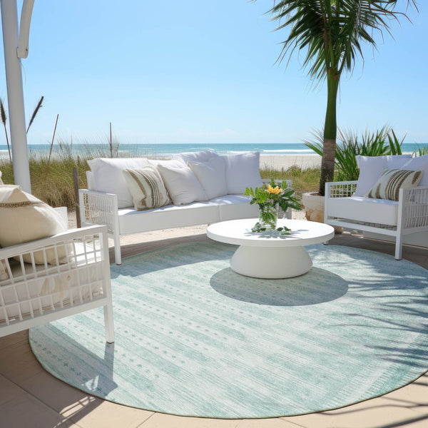 HomeRoots 8' Vibrant Turquoise Aqua Round Geometric Rug - Washable, Durable for Indoor & Outdoor Use, Stylish Design 625842