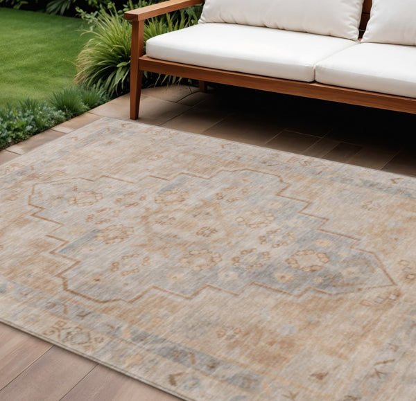 HomeRoots 8' X 10' Elegant Copper & Beige Medallion Washable Area Rug for Indoor & Outdoor Spaces, Durable Design 625849