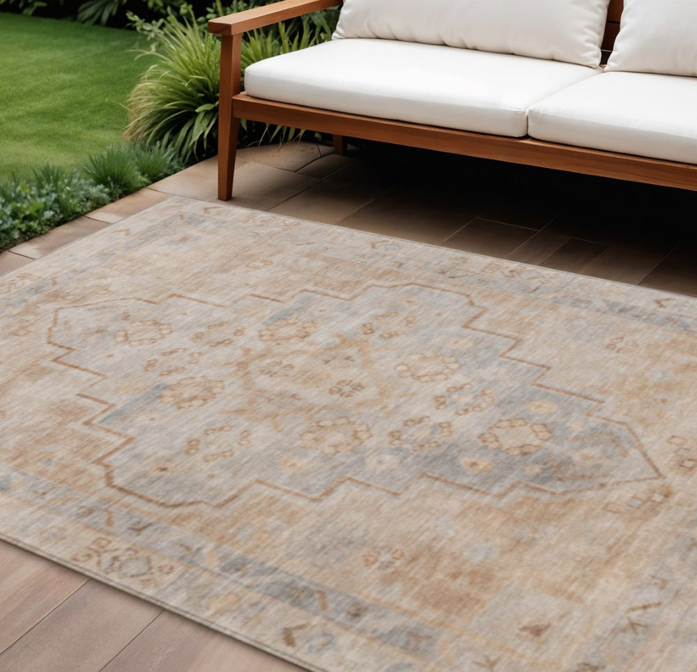 HomeRoots 10' Copper and Beige Medallion Indoor Outdoor Area Rug – Stylish, Washable, and Durable Design for All Spaces 625851