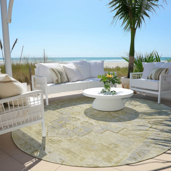 HomeRoots 8' Gold and Beige Round Medallion Area Rug - Durable, Washable for Indoor & Outdoor Spaces! 625854