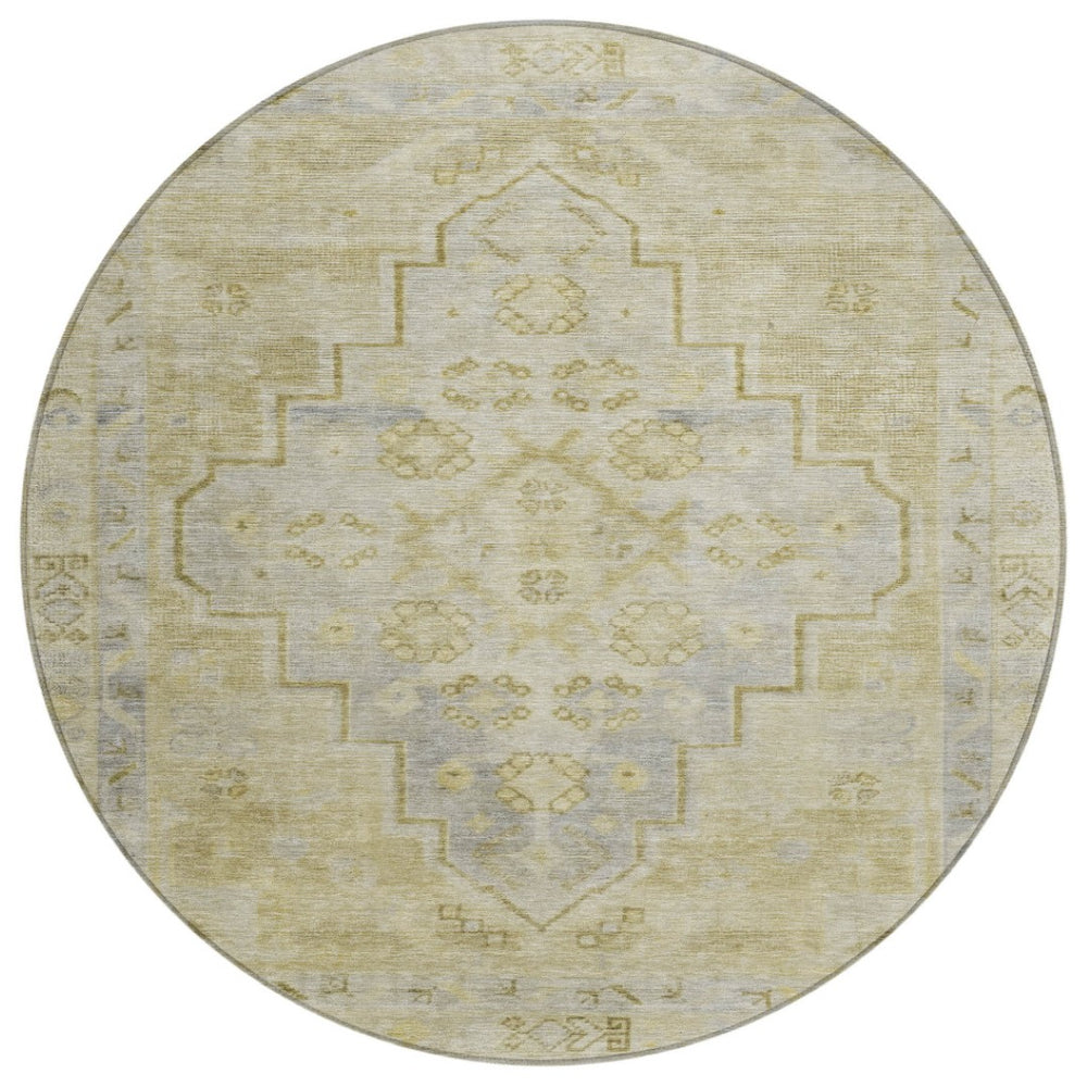 HomeRoots 8' Gold and Beige Round Medallion Area Rug - Durable, Washable for Indoor & Outdoor Spaces! 625854
