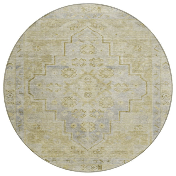 HomeRoots 8' Gold and Beige Round Medallion Area Rug - Durable, Washable for Indoor & Outdoor Spaces! 625854