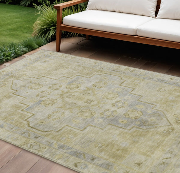 HomeRoots 8' X 10' Gold and Beige Medallion Indoor Outdoor Area Rug - Durable, Easy-Care, Stylish & Versatile 625855