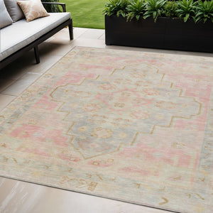 HomeRoots 5' Pink and Ivory Medallion Area Rug - Washable, Durable, Indoor/Outdoor Accent for Any Space 625865