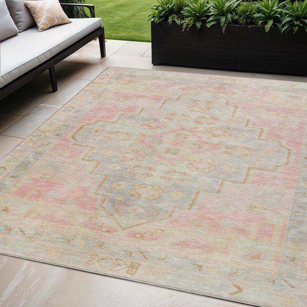HomeRoots 5' Pink and Ivory Medallion Area Rug - Washable, Durable, Indoor/Outdoor Accent for Any Space 625865