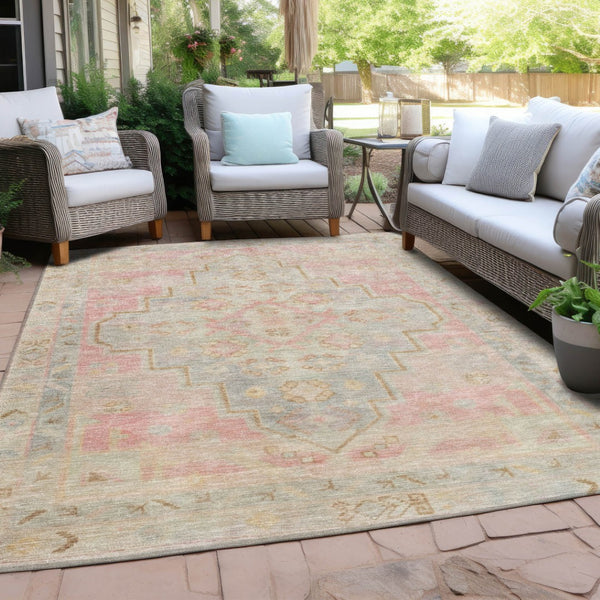HomeRoots 5' Pink and Ivory Medallion Area Rug - Washable, Durable, Indoor/Outdoor Accent for Any Space 625865