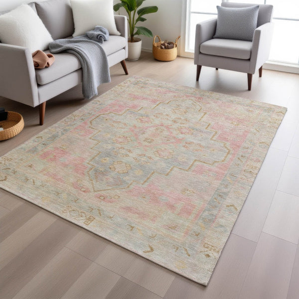 HomeRoots 5' Pink and Ivory Medallion Area Rug - Washable, Durable, Indoor/Outdoor Accent for Any Space 625865