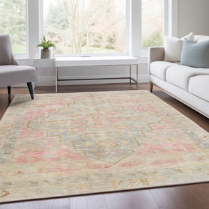 HomeRoots 5' Pink and Ivory Medallion Area Rug - Washable, Durable, Indoor/Outdoor Accent for Any Space 625865