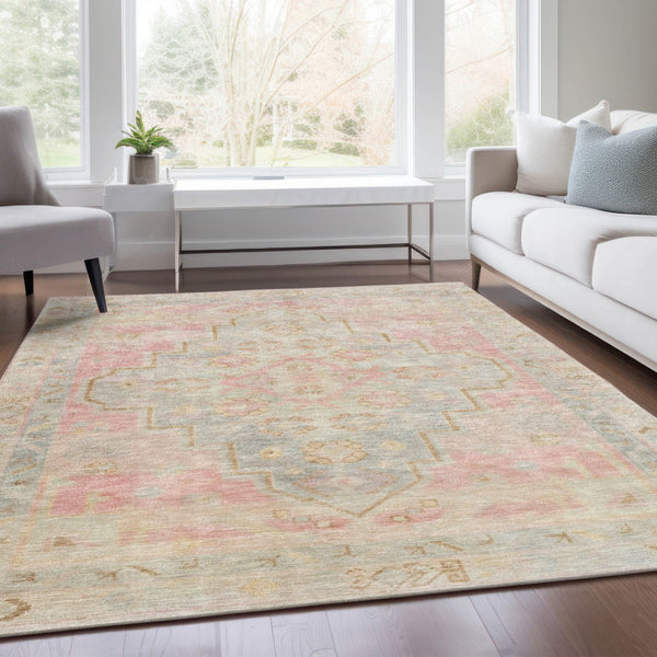 HomeRoots 5' Pink and Ivory Medallion Area Rug - Washable, Durable, Indoor/Outdoor Accent for Any Space 625865