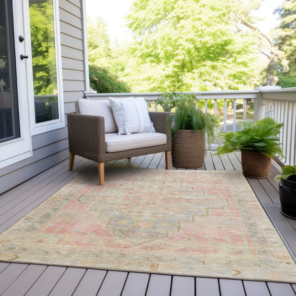 HomeRoots 5' Pink and Ivory Medallion Area Rug - Washable, Durable, Indoor/Outdoor Accent for Any Space 625865