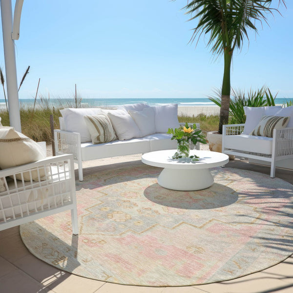 HomeRoots 8' Pink and Ivory Round Medallion Rug - Washable, Durable, Stylish Area Rug for Indoor & Outdoor Use 625866