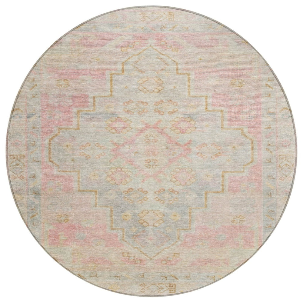 HomeRoots 8' Pink and Ivory Round Medallion Rug - Washable, Durable, Stylish Area Rug for Indoor & Outdoor Use 625866