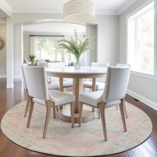 HomeRoots 8' Pink and Ivory Round Medallion Rug - Washable, Durable, Stylish Area Rug for Indoor & Outdoor Use 625866