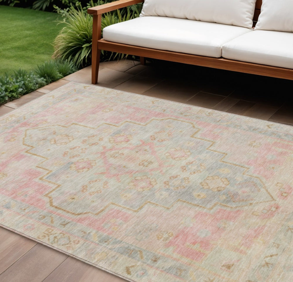 HomeRoots 8' X 10' Elegant Pink and Ivory Medallion Washable Area Rug for Indoor & Outdoor Spaces, Durable Design 625867