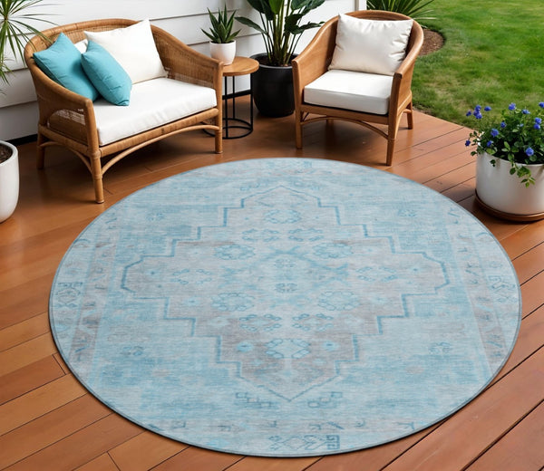 HomeRoots 8' Sky Blue and Gray Round Medallion Rug - Durable, Stylish, Washable for Indoor/Outdoor Spaces! 625872