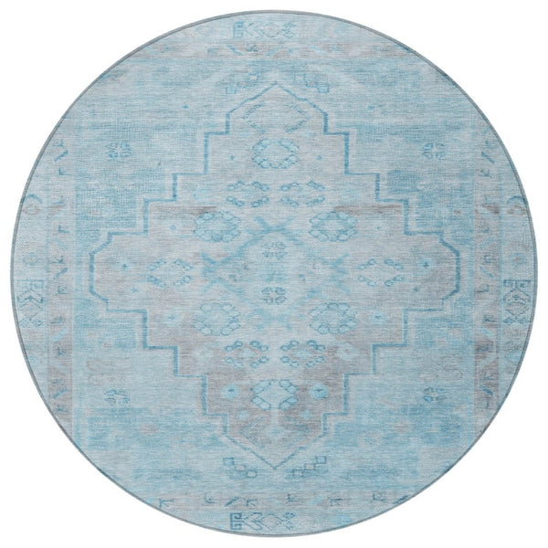 HomeRoots 8' Sky Blue and Gray Round Medallion Rug - Durable, Stylish, Washable for Indoor/Outdoor Spaces! 625872