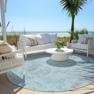 HomeRoots 8' Sky Blue and Gray Round Medallion Rug - Durable, Stylish, Washable for Indoor/Outdoor Spaces! 625872
