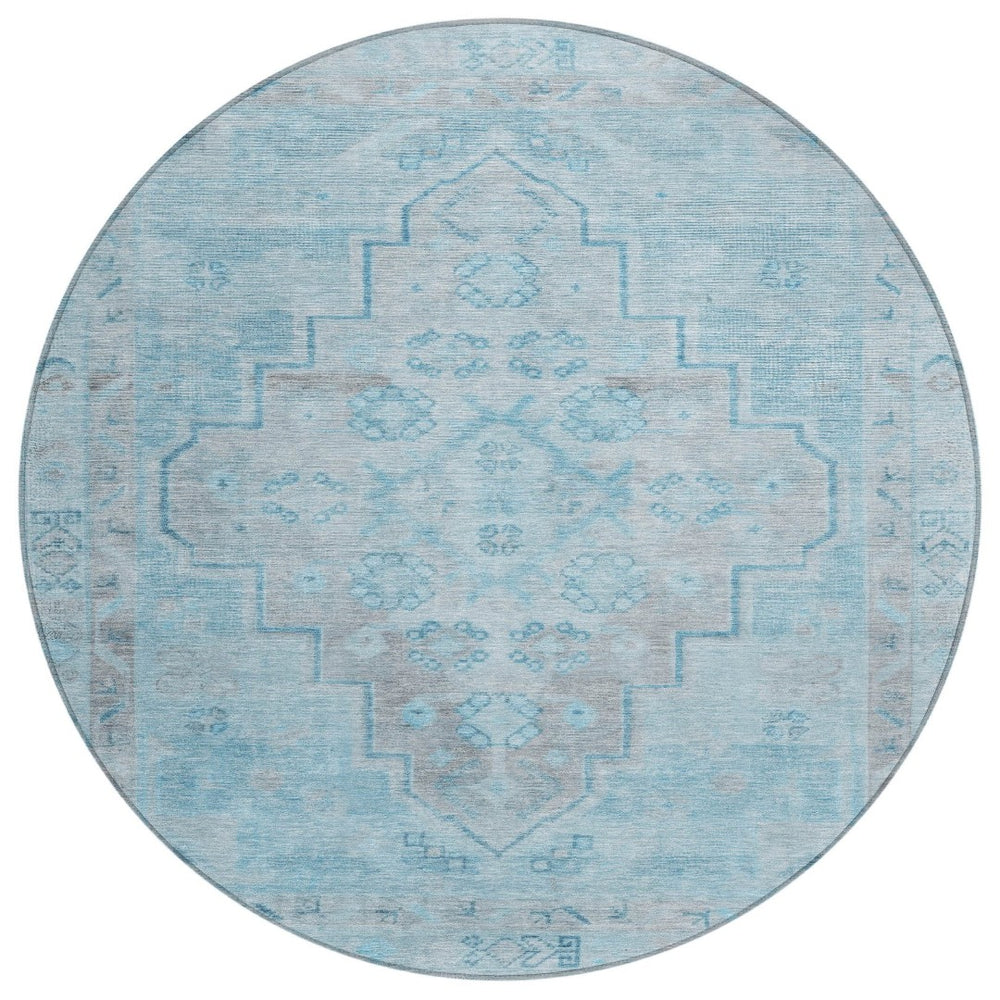 HomeRoots 8' Sky Blue and Gray Round Medallion Rug - Durable, Stylish, Washable for Indoor/Outdoor Spaces! 625872