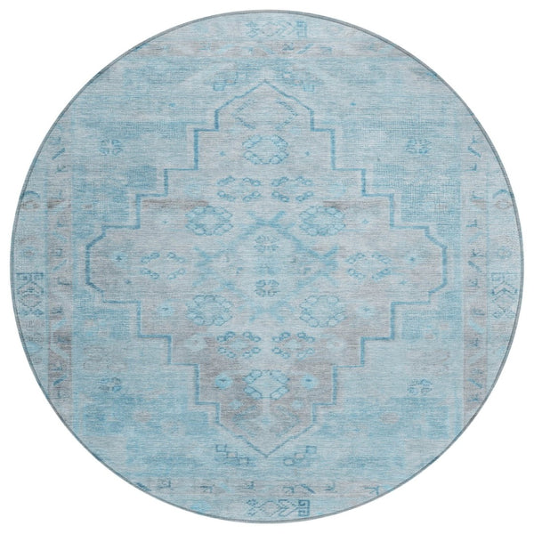 HomeRoots 8' Sky Blue and Gray Round Medallion Rug - Durable, Stylish, Washable for Indoor/Outdoor Spaces! 625872