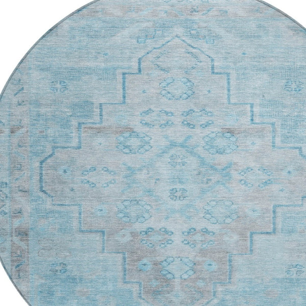 HomeRoots 8' Sky Blue and Gray Round Medallion Rug - Durable, Stylish, Washable for Indoor/Outdoor Spaces! 625872